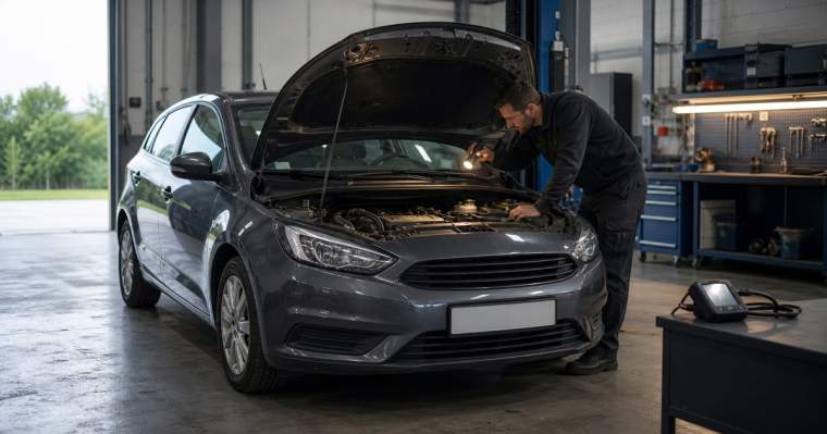 Technician inspecting an unbranded used car in a workshop
