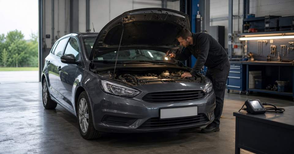 Technician inspecting an unbranded used car in a workshop