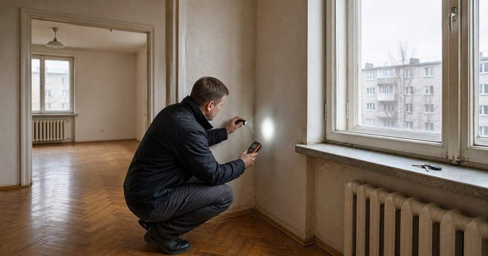 Property inspector checking a wall in an empty Lithuanian apartment