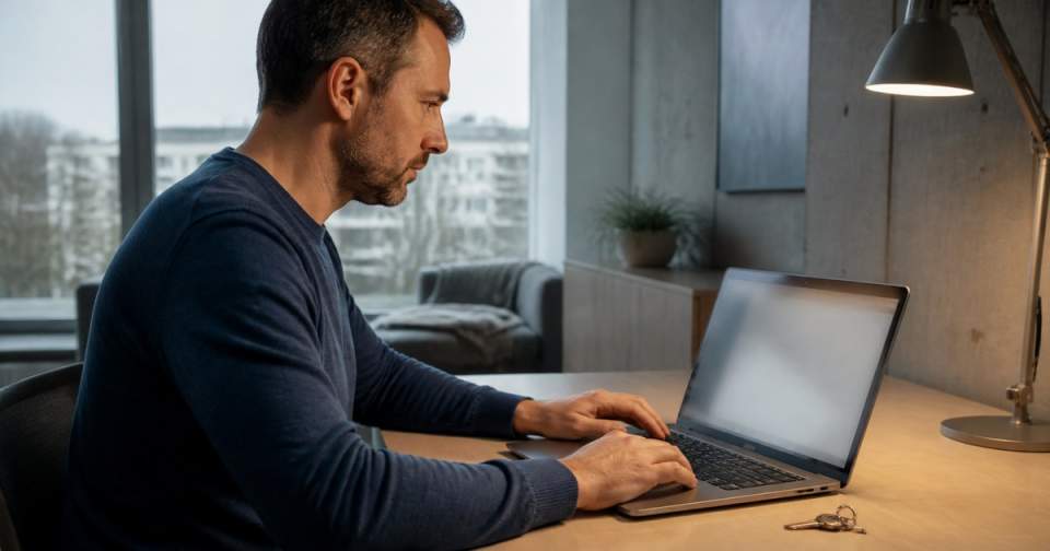 Bidder reviewing an online auction on a laptop at home