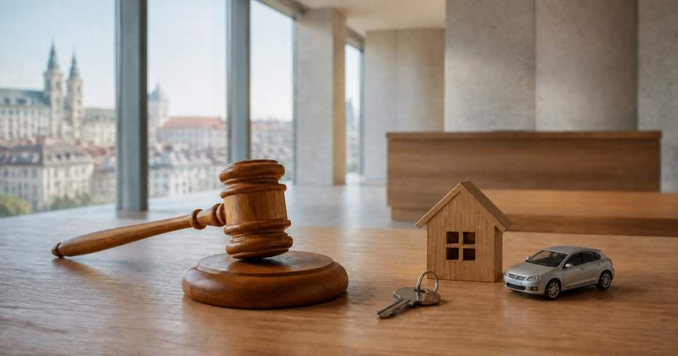 Auction gavel with a house key and model car in a civic setting