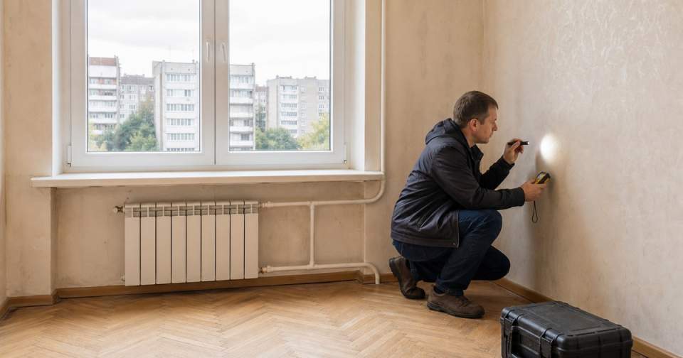 Специалист осматривает пустую квартиру в литовском многоквартирном доме перед аукционом
