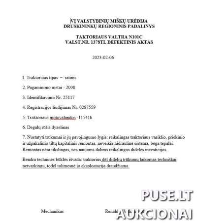 Traktorius Valtra-Valmet N101 2008m. su defektais parduodamas aukcione už 7375 EUR