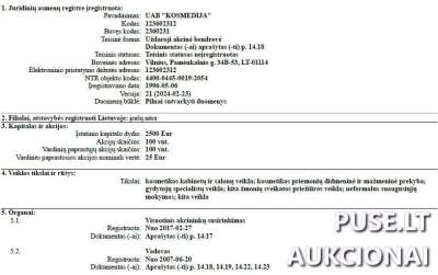 UAB KOSMEDIJA 50 vnt. akcijų pardavimas Vilniuje pradinė kaina 148200 EUR