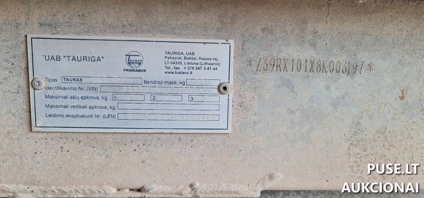 Priekaba TAURAS Priekaba, kai b.m.  mažiau arba lygu  0,75t. 1