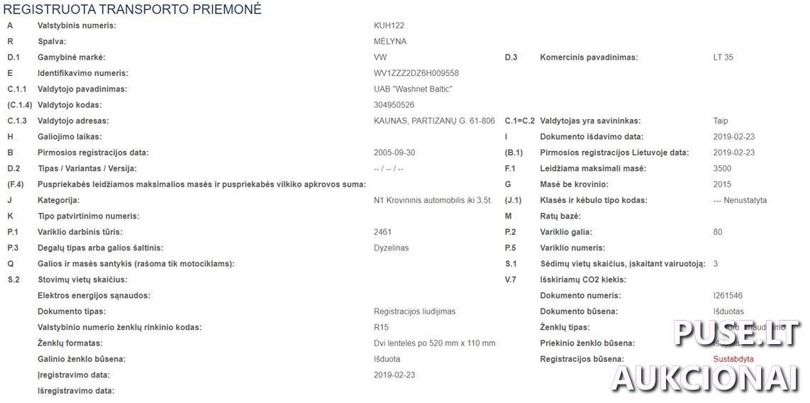 Krovininis mikroautobusas VW LT35, 2005 m., 2461cm3 Krovininis automobilis iki 3,5t. 2