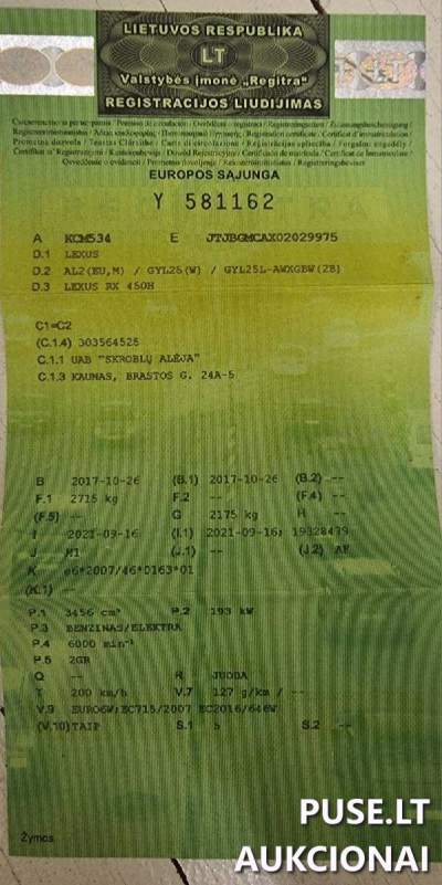 Lengvasis automobilis LEXUS RX 450H 2017 aukcionas Kaune pradinė kaina 30000 EUR