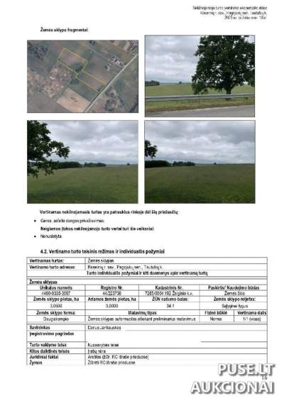 3.05 ha žemės ūkio paskirties sklypas Raseinių r. Tautušių k., pradinė kaina 11648 EUR