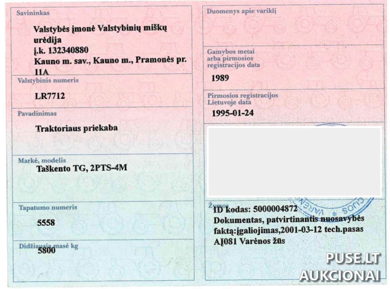Traktoriaus priekaba TAŠKENTO TG 2PTS 4 Inv. nr. 39-13-17 Traktoriai, savaeigės mašinos, priekabos, puspriekabės 1