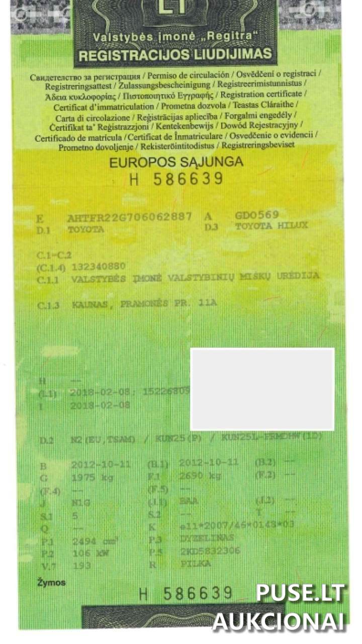Lengvasis automobilis TOYOTA HILUX Inv. nr. 33-124161 Traktoriai, savaeigės mašinos, priekabos, puspriekabės 1