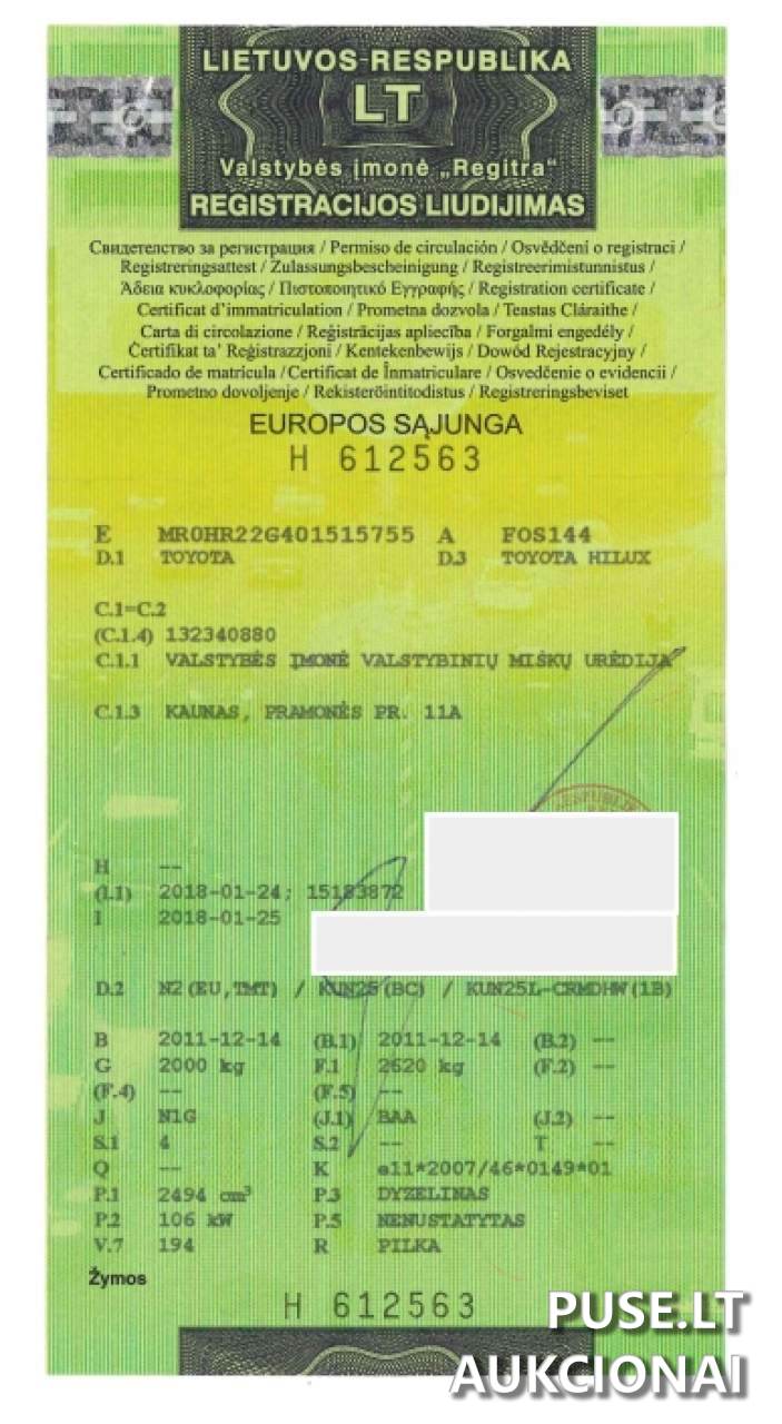 Lengvasis automobilis TOYOTA HILUX Inv. nr. 25-674/2329 Traktoriai, savaeigės mašinos, priekabos, puspriekabės 1