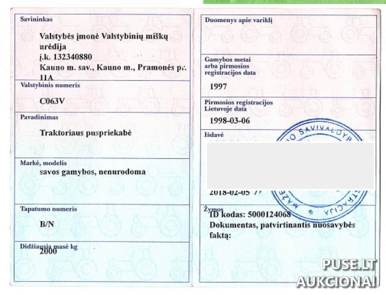 Vienašė priekaba SAVOS GAMYBOS Inv. Nr. 18-142403 Traktoriai, savaeigės mašinos, priekabos, puspriekabės 1