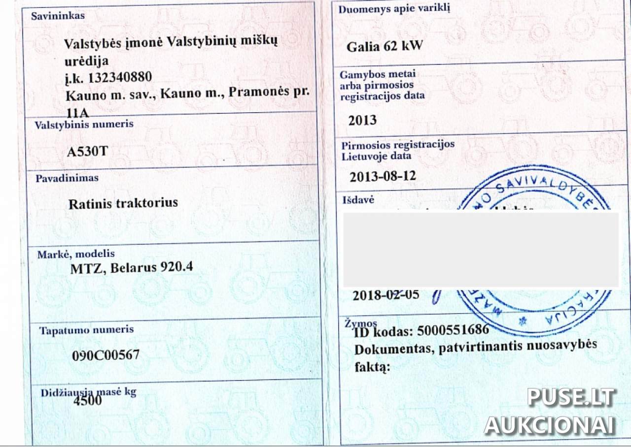 Ratinis traktorius MTZ 920.4 Inv. Nr. 18-142504 Traktoriai, savaeigės mašinos, priekabos, puspriekabės 1