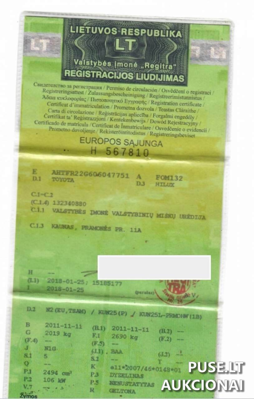 Lengvasis automobilis	TOYOTA	HILUX Inv. nr. 16-1865 Traktoriai, savaeigės mašinos, priekabos, puspriekabės 1