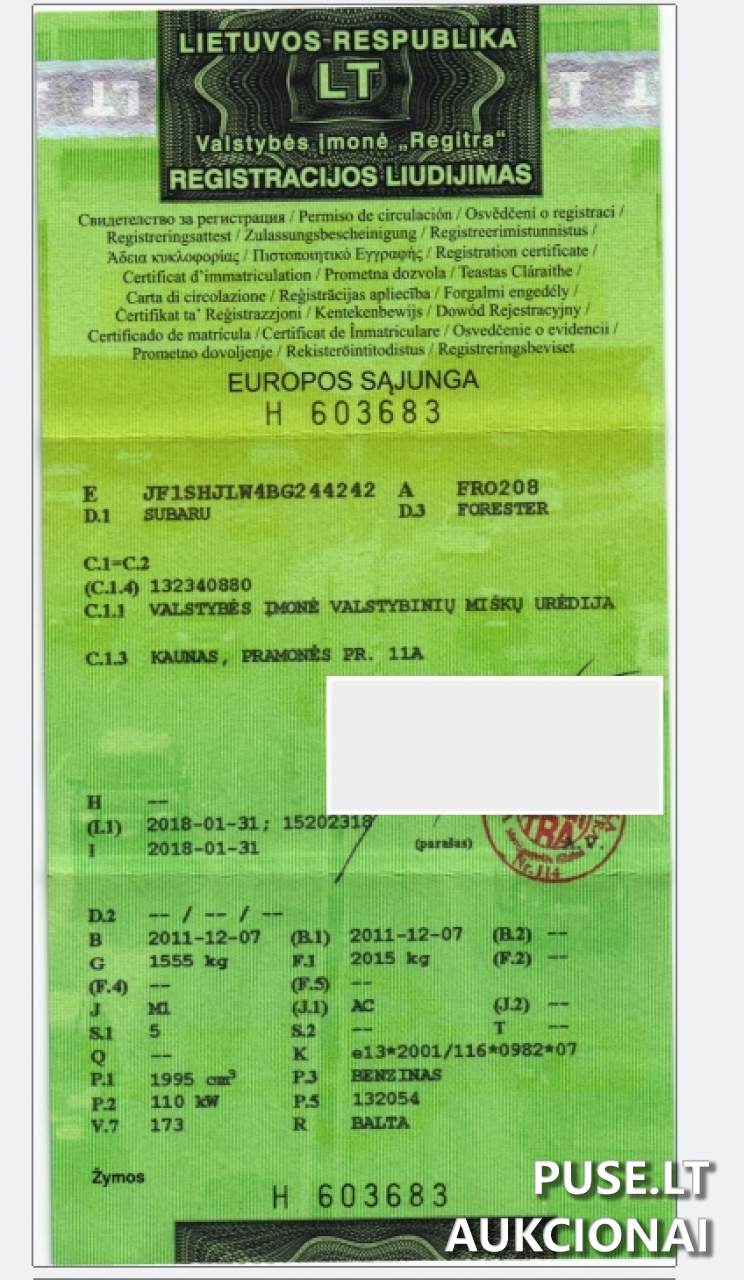 Lengvasis automobilis	SUBARU	FORESTER Inv. nr.17-02126588 Traktoriai, savaeigės mašinos, priekabos, puspriekabės 1