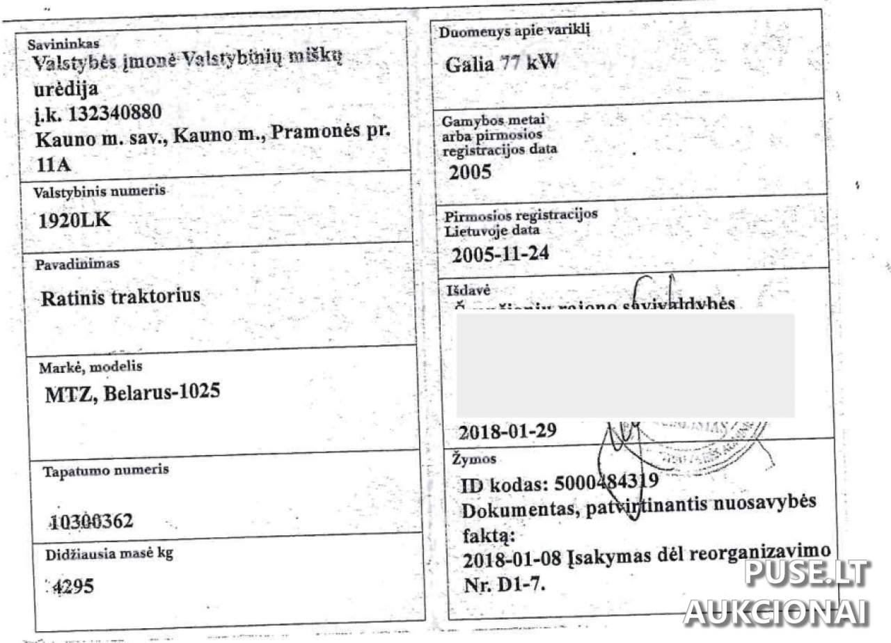 Ratinis traktorius MTZ 1025 Inv. nr. 31-41262 Traktoriai, savaeigės mašinos, priekabos, puspriekabės 1