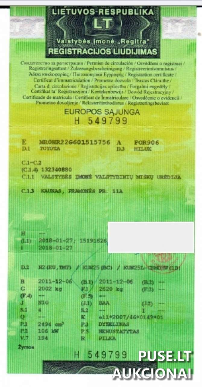 Lengvasis automobilis TOYOTA HILUX Inv. Nr. 30-1-50-538 Traktoriai, savaeigės mašinos, priekabos, puspriekabės 1