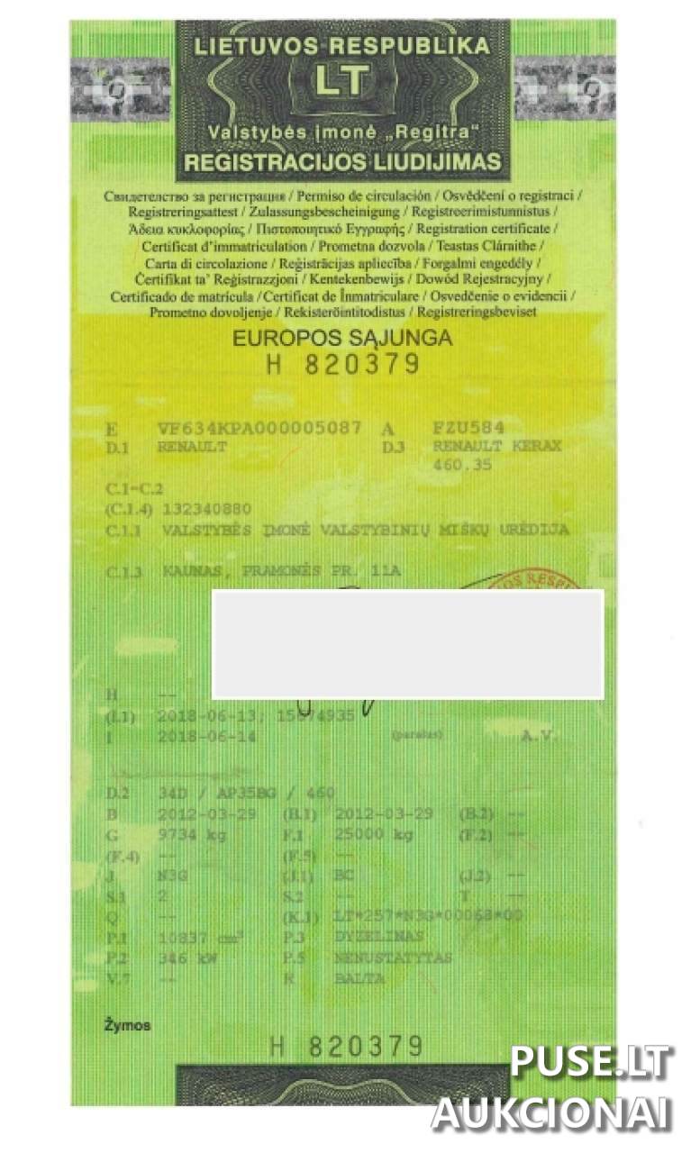 Vilkikas RENAULT	KERAX 460.35 Inv. nr. 13-2141T Traktoriai, savaeigės mašinos, priekabos, puspriekabės 1