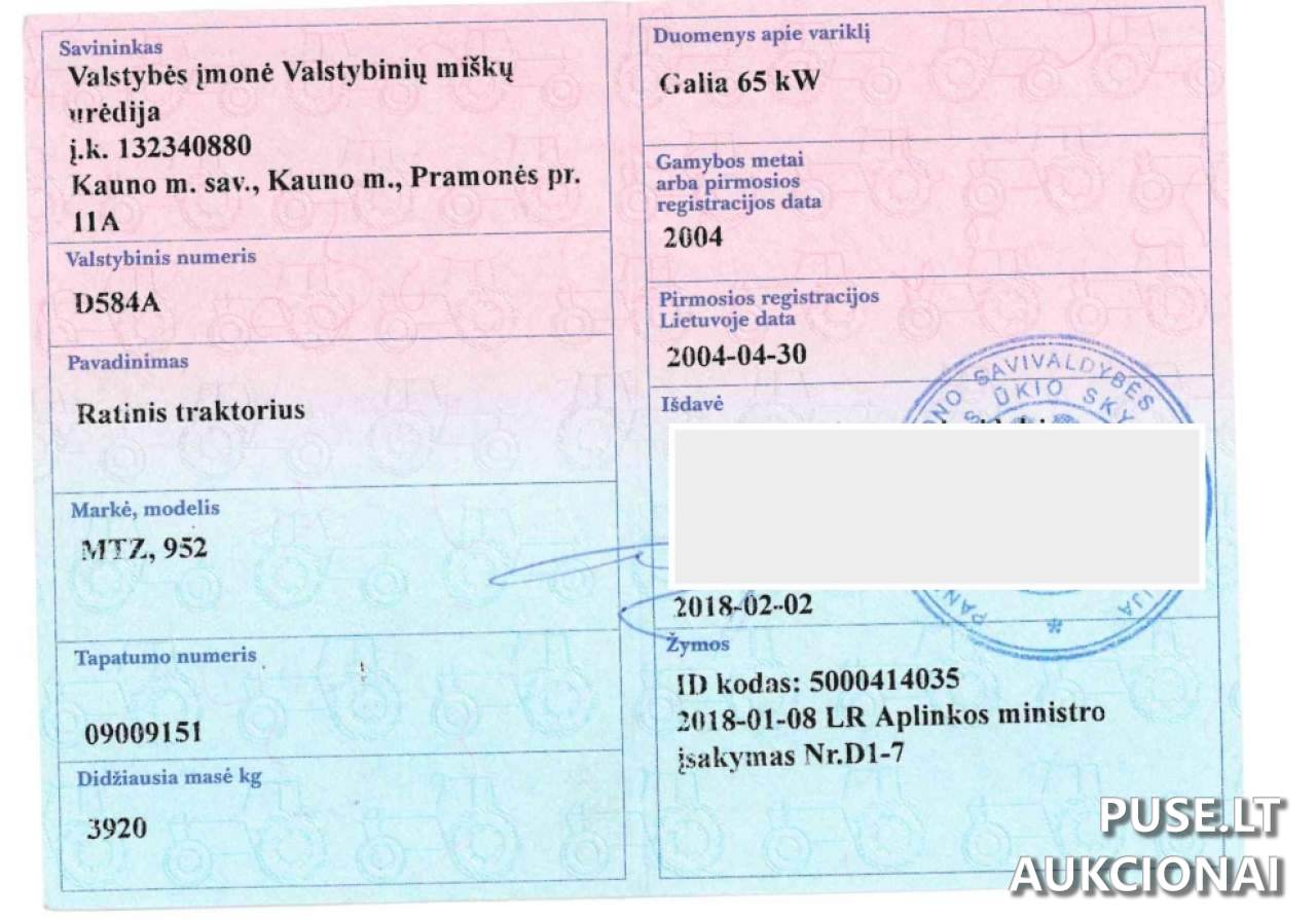 Ratinis traktorius MTZ 952 Inv. Nr. 21-1448 Traktoriai, savaeigės mašinos, priekabos, puspriekabės 1