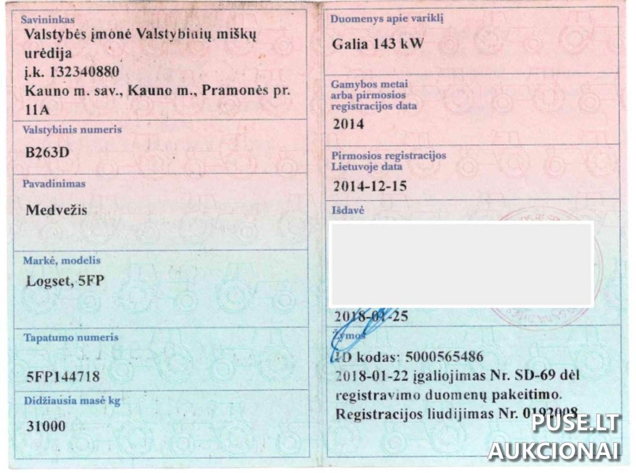 Medvežis	LOGSET	5FP Inv. Nr. 08-142896 Traktoriai, savaeigės mašinos, priekabos, puspriekabės 1