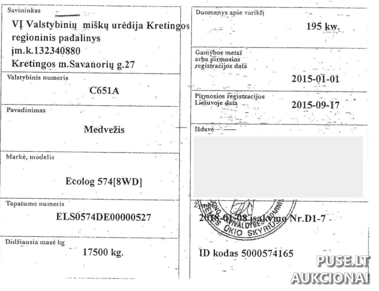 Medvežis	ECO LOG 574D Inv. nr. 14-123000013 Traktoriai, savaeigės mašinos, priekabos, puspriekabės 1
