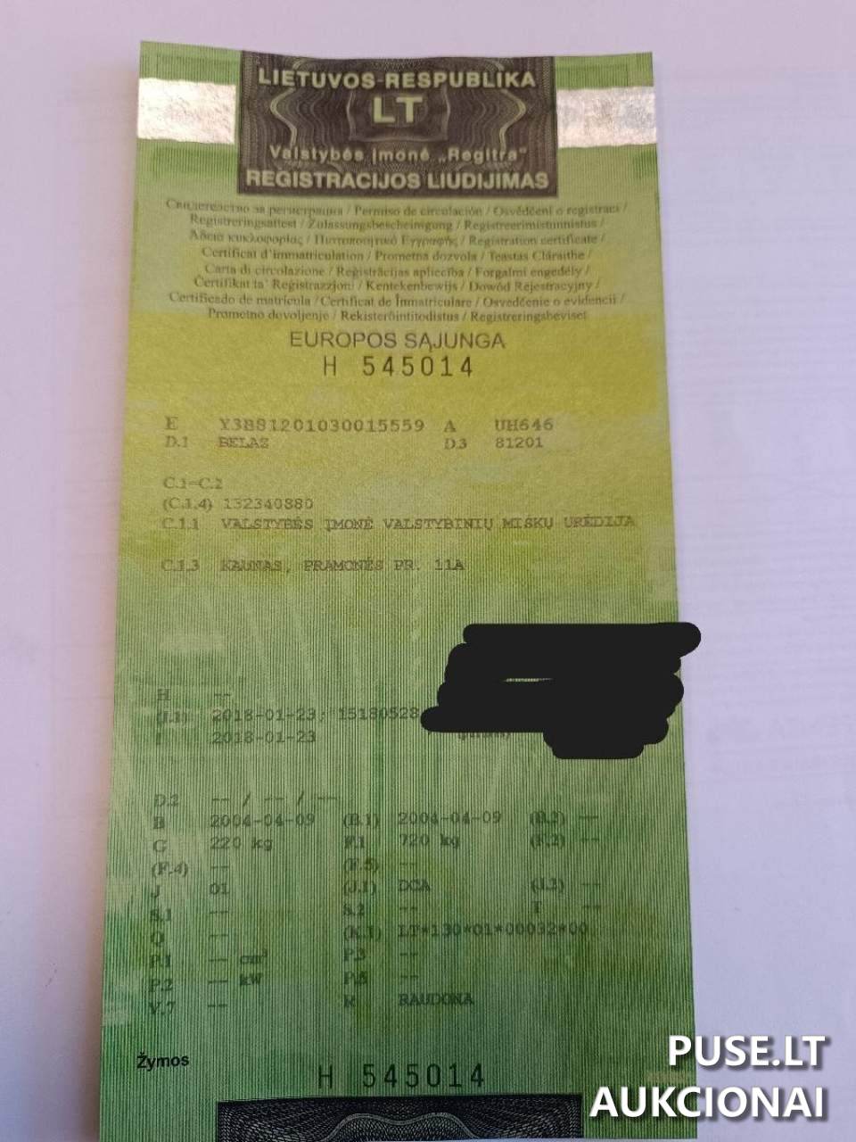Priekaba iki 0.75 t. BELAZ 81201 Inv. Nr. 404000006537 06-03-61 Traktoriai, savaeigės mašinos, priekabos, puspriekabės 1