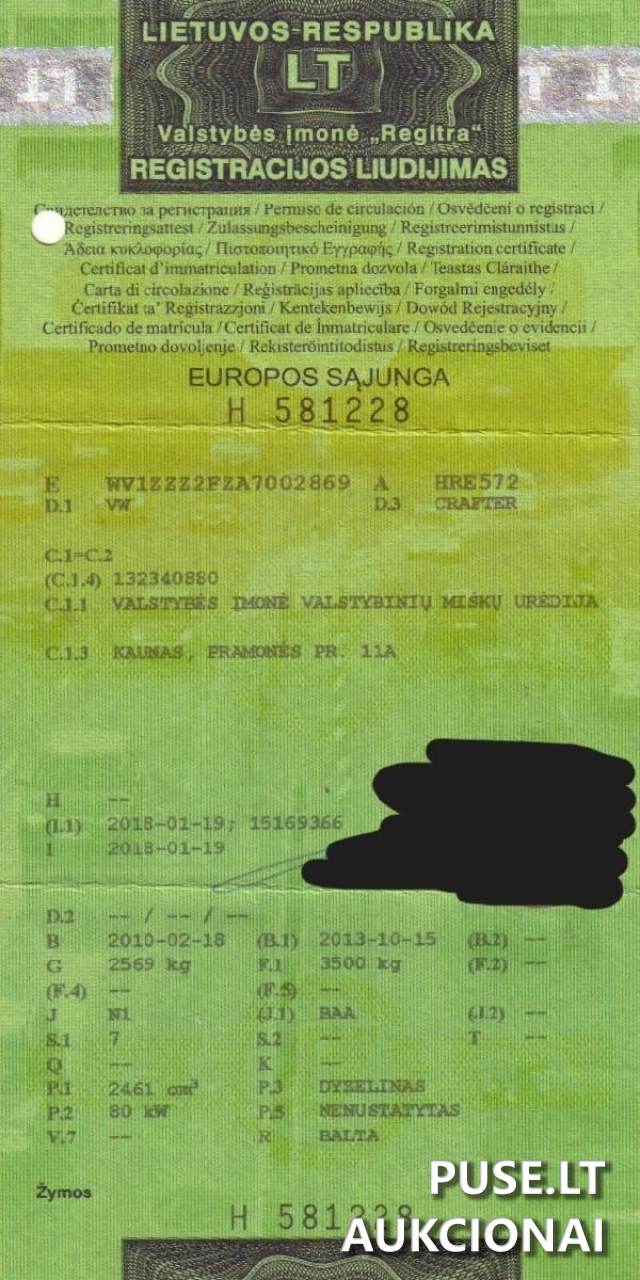 Lengvasis automobilis VOLKSWAGEN	CRAFTER Inv. nr. 07-7158 Traktoriai, savaeigės mašinos, priekabos, puspriekabės 1