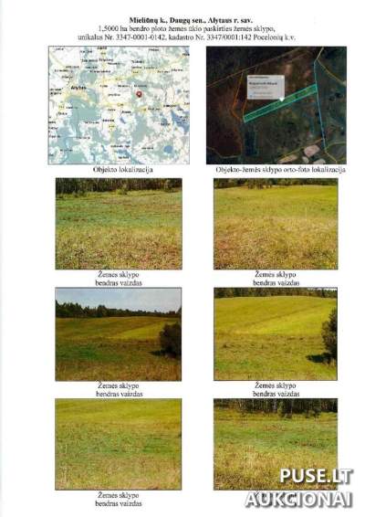 1.50 ha žemės ūkio paskirties sklypas Alytaus rajone, Mieliūnų kaime, pradinė kaina 3392 EUR