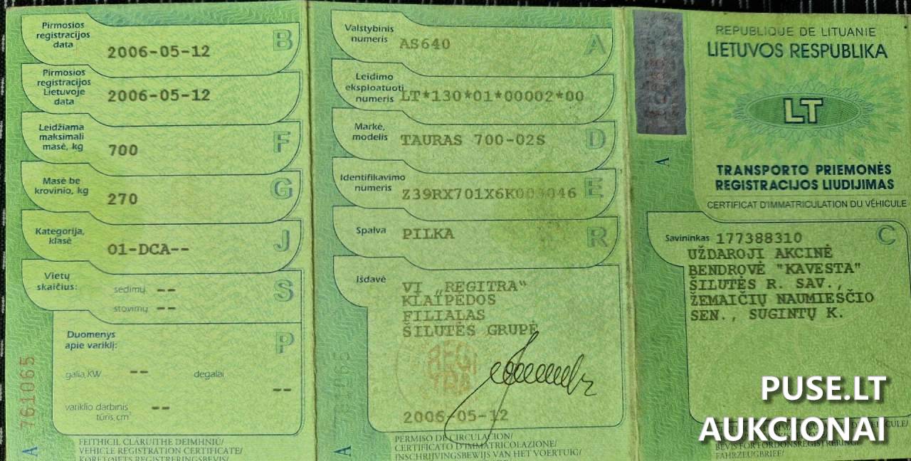 Priekaba Tauras 700-02S Priekaba, kai b.m.  mažiau arba lygu  0,75t. 1