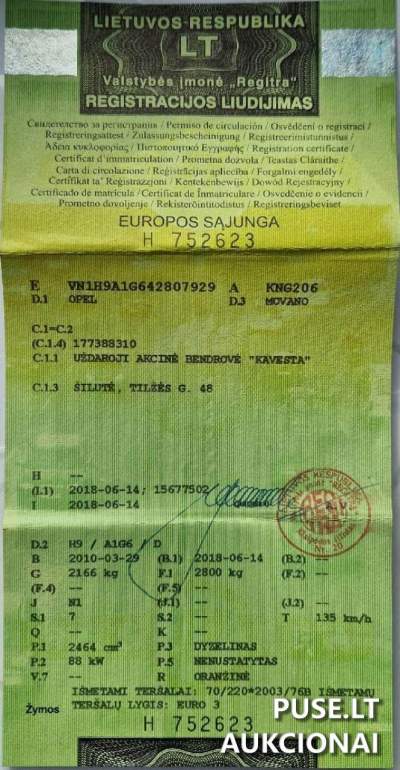 Krovininis automobilis Opel Movano (2010 m.) parduodamas aukcione už 2500 EUR
