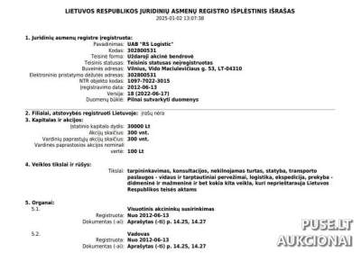 Parduodamos UAB "RS Logistic" paprastosios vardinės akcijos 11400 EUR pradinės kainos