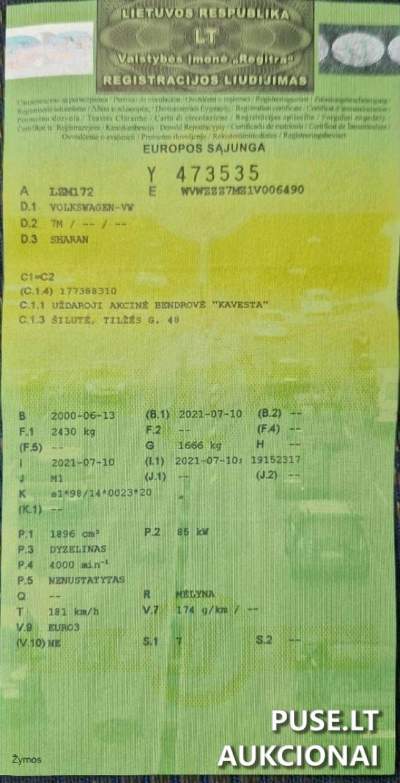 Lengvasis automobilis VW Sharan, 2000 m. gamybos, parduodamas aukcione už 200 EUR