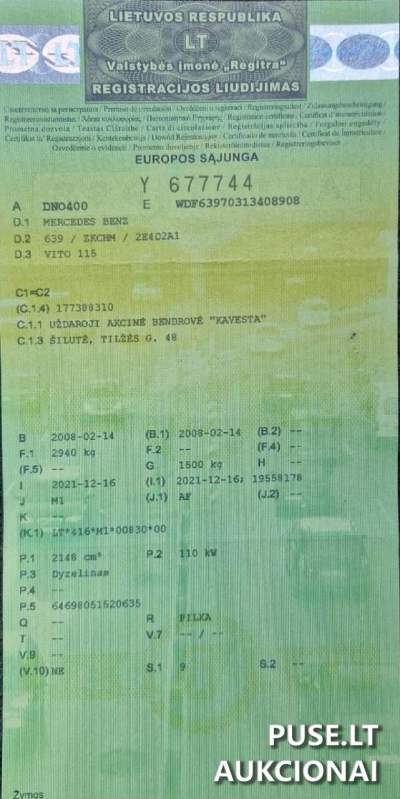 Keleivinis mikroautobusas Mercedes Benz Vito 115 2008m. parduodamas aukcione už 2000 EUR