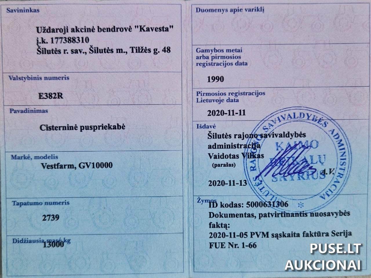 Cisterna Vestfarm GV10000 Traktoriai, savaeigės mašinos, priekabos, puspriekabės 1