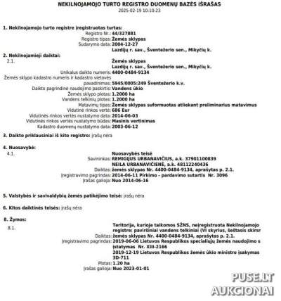 1.2 ha žemės sklypas su 1.2 ha vandens telkiniu Lazdijų rajone, Mikyčių kaime, pradinė kaina 3040 EUR