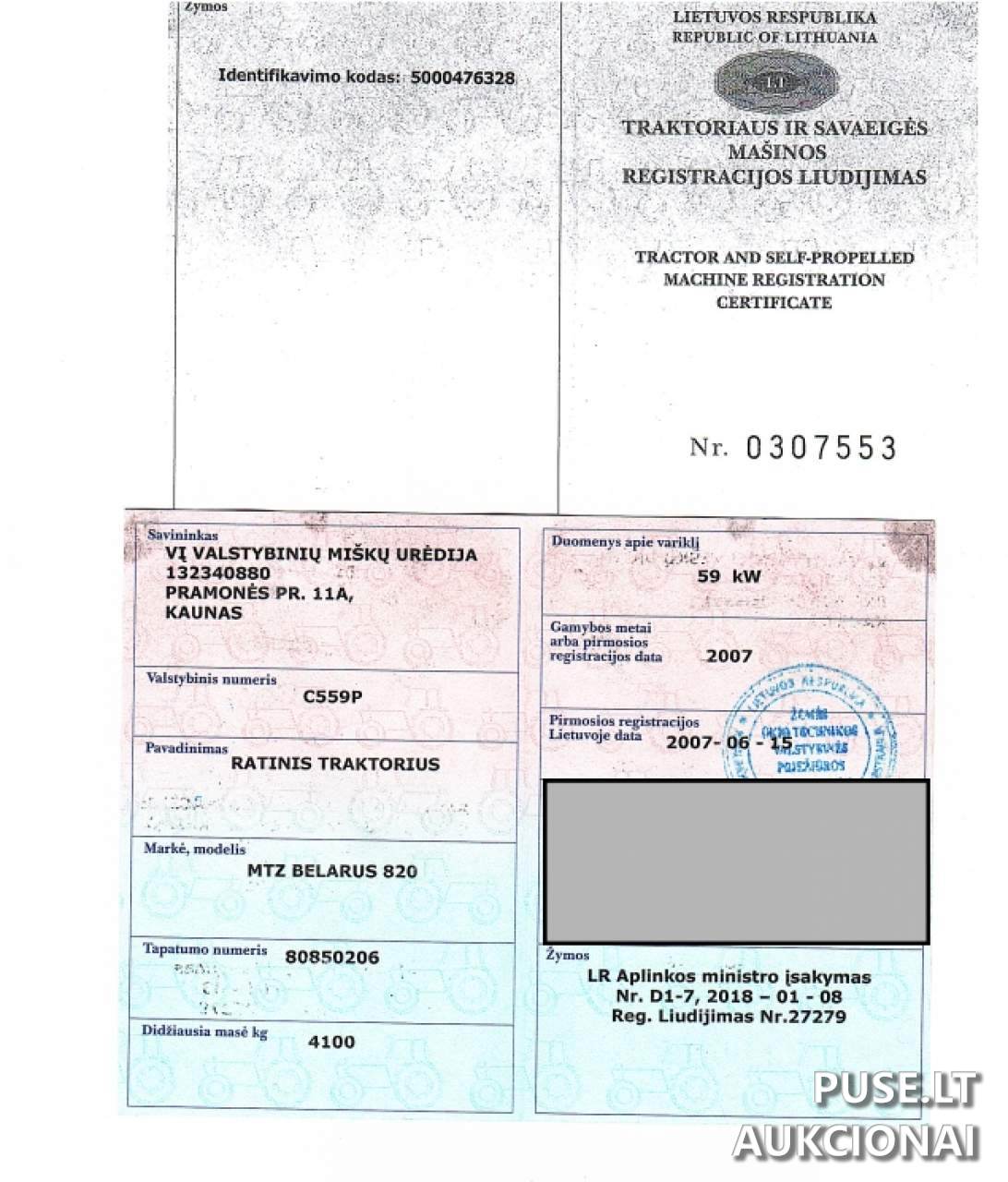 Traktorius Belorus-820 su  kuro zondu  2 vnt. Inv. Nr. 06-02-160   404000004486 Traktoriai, savaeigės mašinos, priekabos, puspriekabės 6