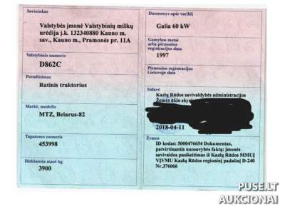 Parduodamas traktorius MTZ-82 aukcione pradine kaina 250 EUR