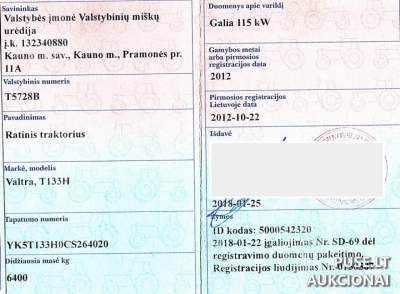 Ratinis traktorius Valtra T133H aukcione 12500 EUR, Mažeikiai, registracija iki 2025-04-01