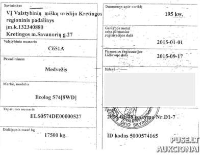 Traktorius Medvežis ECO LOG 574D 2015 m. aukcione Kretingoje, pradinė kaina 9315 EUR