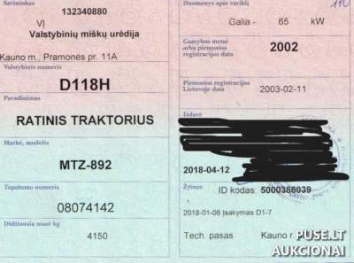 Ratuninis traktorius MTZ 892 2002m. su defektais aukcione Lietuvoje nuo 2009 EUR