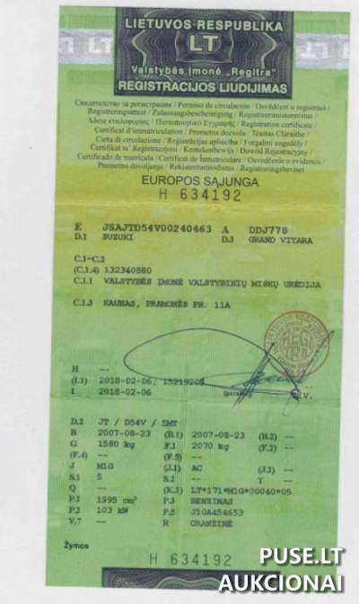 Parduodamas 2007 m. Suzuki Grand Vitara 2.0 Benzinas (103kW) su defektais už 430 EUR pradinę kainą