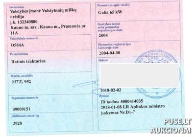 Ratinis traktorius MTZ 952 (2004 m.) aukcione Panevėžyje nuo 2205 EUR