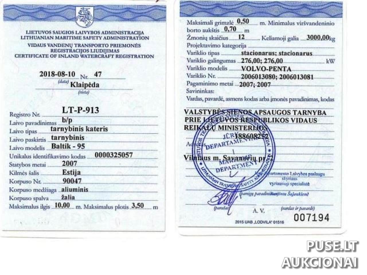 Kateris "Baltik 95", reg. Nr. N -2556 (LT-P-913) Vidaus vandenų laivai ir kiti įrenginiai 1