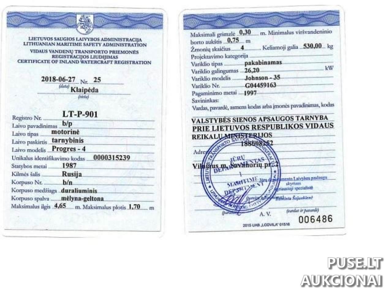Motorinė valtis "Progres - 4", reg. Nr. LT-P-901 (461N) Vidaus vandenų laivai ir kiti įrenginiai 1