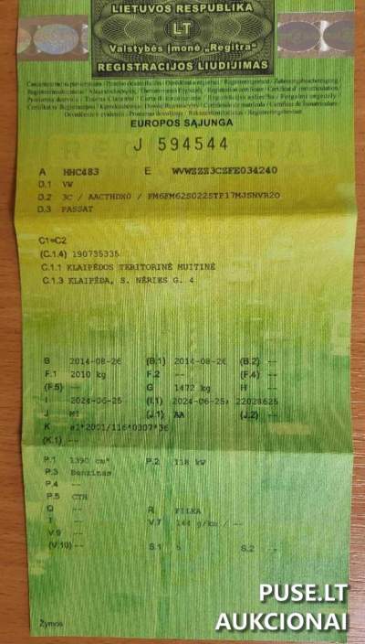 Parduodamas naudotas VW Passat 2014 m. automobiliu aukcione Šiauliuose nuo 5670 EUR