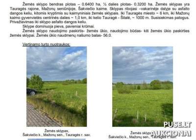 Žemės ūkio sklypas Tauragės rajone, Šakviečio kaime, pradinė kaina 900 EUR