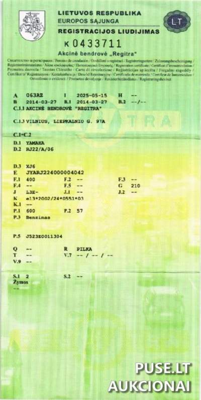 Yamaha XJ6 2014 m. motociklas parduodamas aukcione pradine kaina 3500 EUR