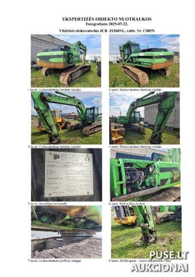 Vikšrinis ekskavatorius JCB JS260NL aukcione Panevėžyje pradinė kaina 12080 EUR