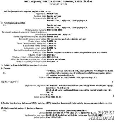Žemės ūkio paskirties sklypas Kauno rajone, Didžiųjų Lapių kaime, 0.97 ha, pradinė kaina 5648 EUR