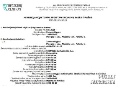 Žemės sklypas Pelenių kaime, Plungės r. - 1/2 dalis, pradinė kaina 9030 EUR